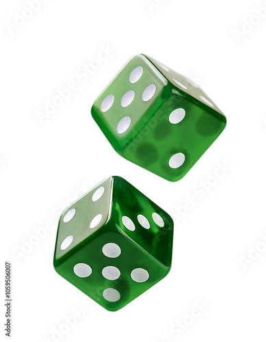 Two green dice in the air, one on top of the other.