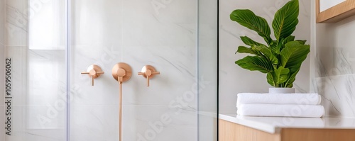 Glass shower with rose gold fixtures, contemporary elegance