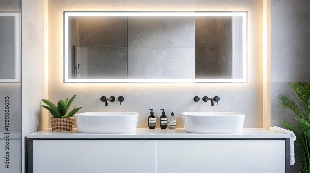 Fototapeta premium LED-lit mirror with matte black fixtures, futuristic bathroom ambiance