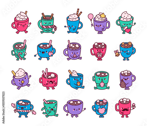 Cute kawaii hot chocolate cartoon characters for winter holiday drinks with marshmallows and happy faces illustration set