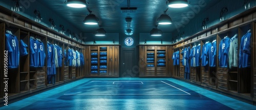 Empty locker room with blue uniforms hanging on the walls.