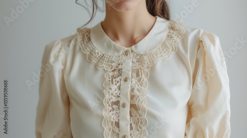 A dainty and elegant creamcolored blouse with billowy lace sleeves and a smooth satin collar perfect for pairing with highwaisted skirts. photo