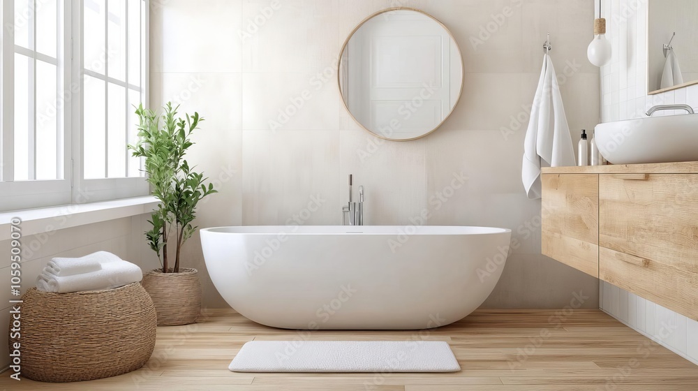 Fototapeta premium Scandinavian-inspired bathroom with natural fixtures, cozy modern feel