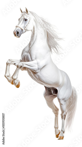 white horse rearing up on its hind legs isolated on transparent background.