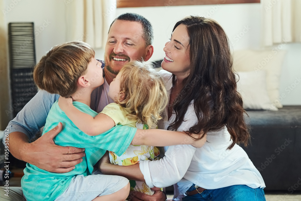 Obraz premium Happy family, relax or parents playing with siblings and smile for bonding or child development. Mother, father and funny kids laughing together with dad, mom or children with love for boy and girl