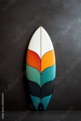 A vibrant surfboard rests against a textured dark wall, showcasing its striking color palette, This image can be utilized for beach lifestyle themes, surf culture promotions photo