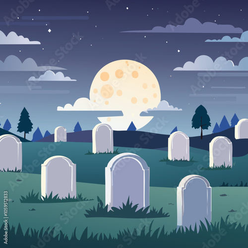 Flat illustration of cemetery view at night