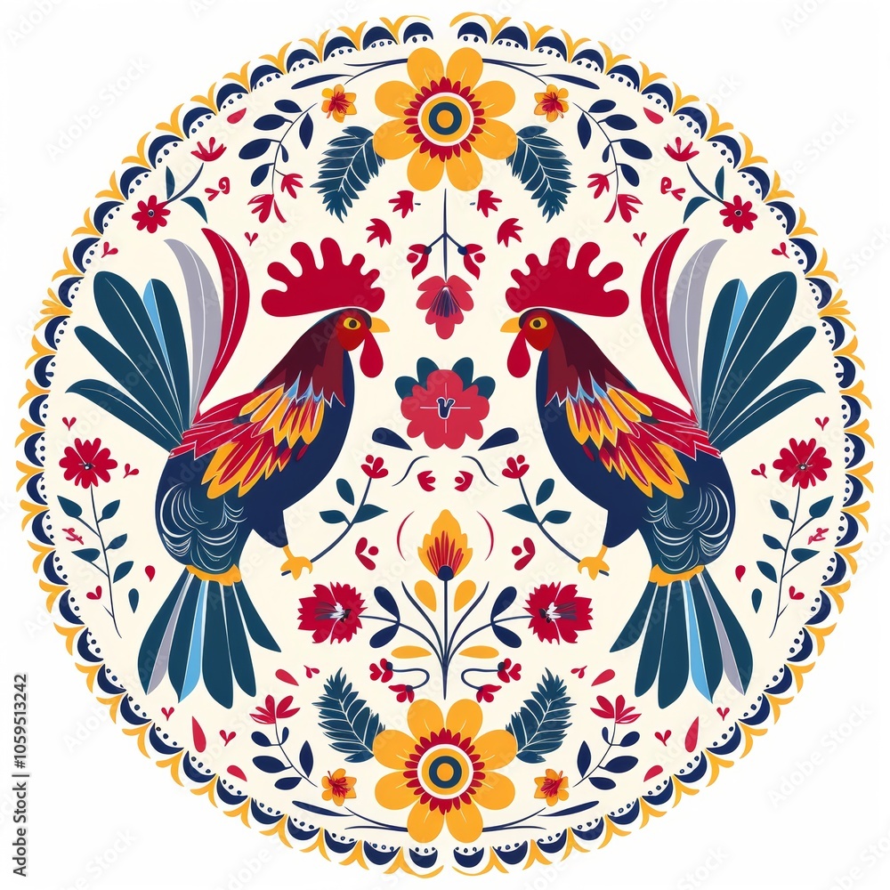 Obraz premium Folk floral embroidery with roosters from Poland
