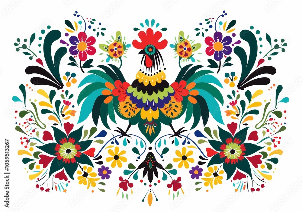 Obraz premium Embroidery with cocks in Polish traditional folk style