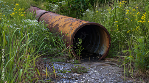 Rusty iron pipe in grass