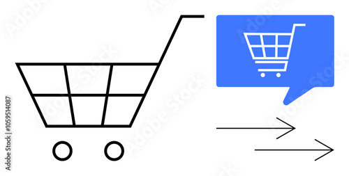 Shopping cart with handle and wheels next to a blue speech bubble featuring a shopping cart icon. Arrows pointing right indicate movement. Ideal for e-commerce, online shopping, retail, digital