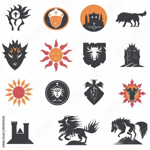 The great kingdoms house gaming icons with lines of animals and symbols of thrones photo