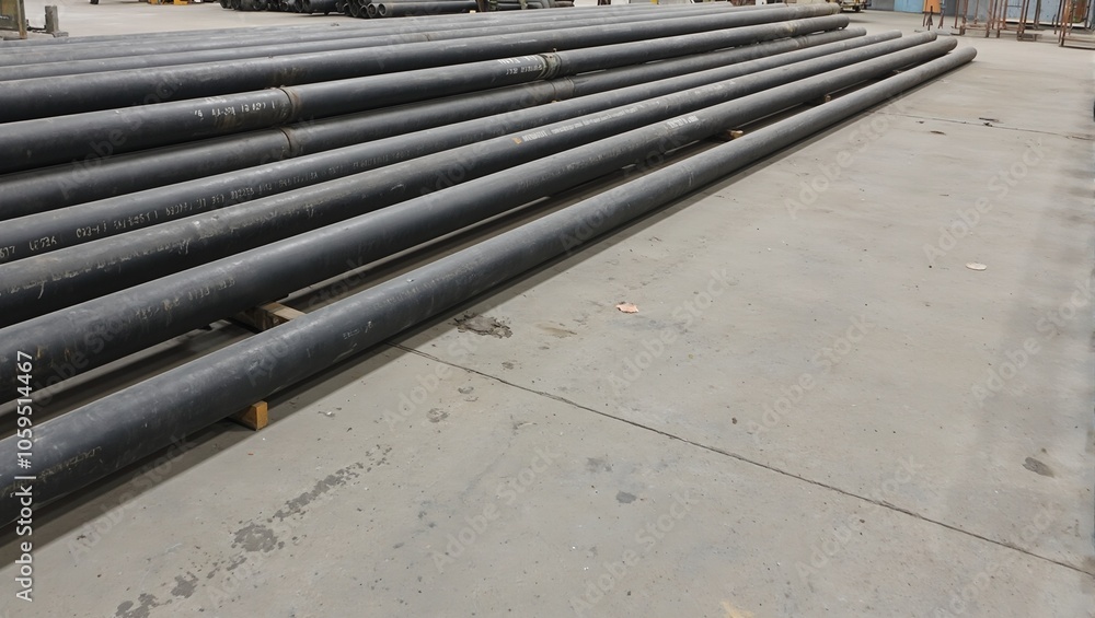 Obraz premium Industrial steel pipes in warehouse with matte finish and markings dust and footprints on floor