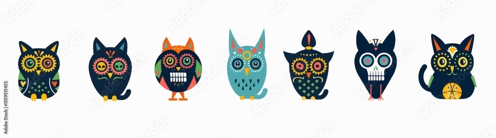 Fototapeta premium A modern illustration depicting animals skulls and skeletons decorated with colorful Mexican elements and flowers. Holiday posters, party flyers, Day of the Dead posters.