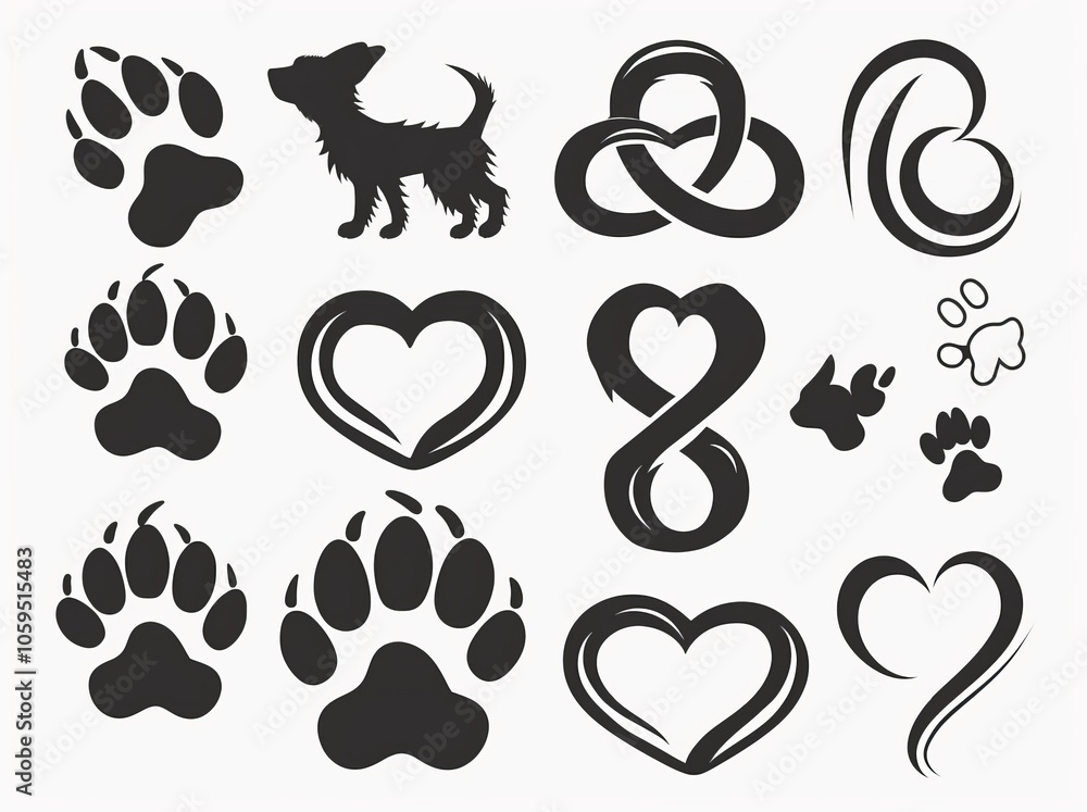 Fototapeta premium Animal pawprints on a set of black and white hearts. Modern illustration of animals symbolizing love and care. Tattoo.