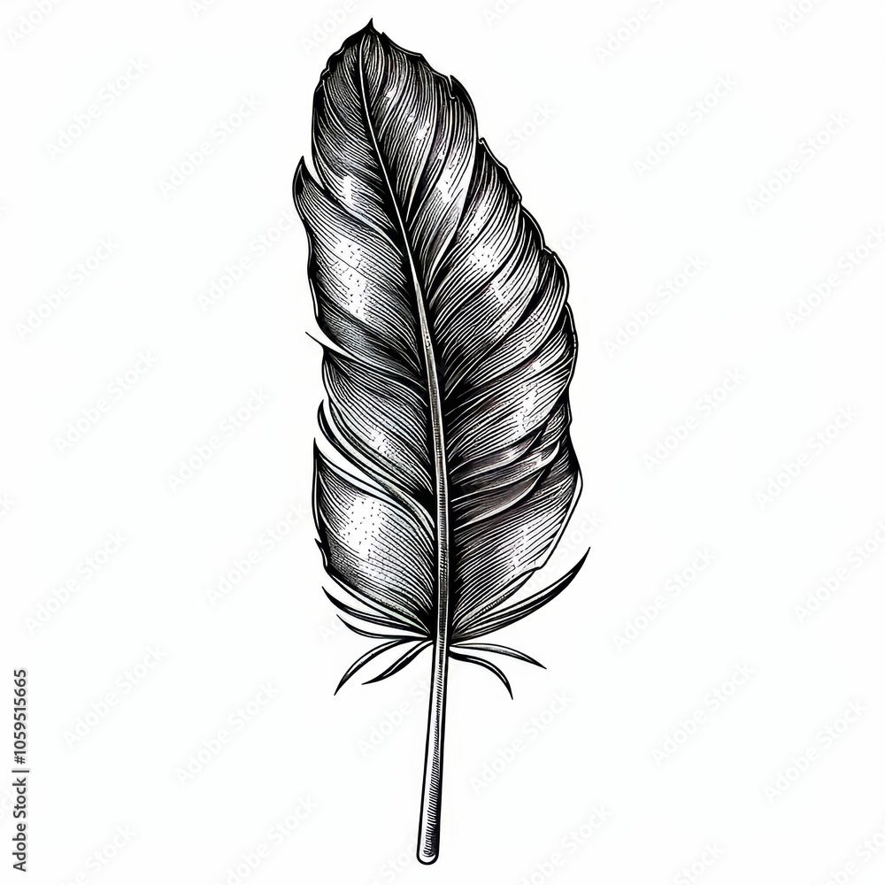Obraz premium Ink drawing of an isolated bird feather from the wing. Black and white feather illustration element.