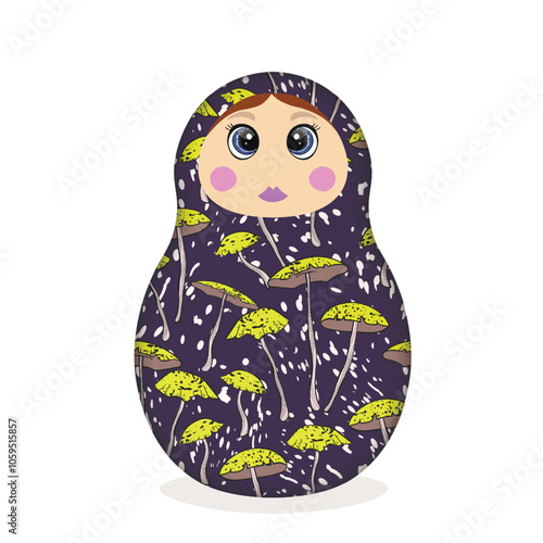 Russian Matryoshka. Traditional Russian folklore dolls with big eyes and lips. Babushka doll with hohloma, traditional painted floral pattern. Hand drawn vector illustration