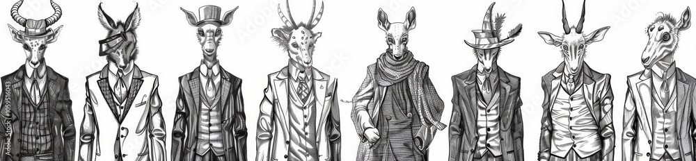Obraz premium Set of animal characters. Smoking goat, llama skier, deer lady, crocodile, dog, donkey, alpaca. Sketch for a card, label, or tattoo. Anthropomorphism.