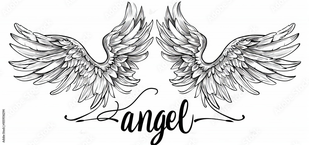 Obraz premium Stylish angel wings hand drawn lettering. Elegant angel wings phrases, sketched flight feather, winged angel wings and lettering set.