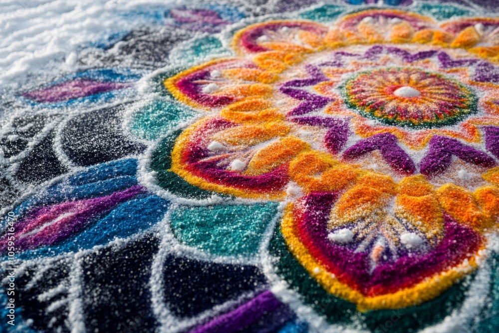 Vibrant Rangoli on Snowy Winter Festival Vibrant Rangoli on Snowy Winter Festival