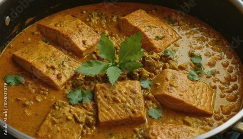 Indian salmon curry simmering in a pot, with aromatic spices surrounding it photo