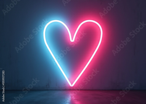 Glowing neon lights form an arrowhead shape against a subtle abstract background. photo