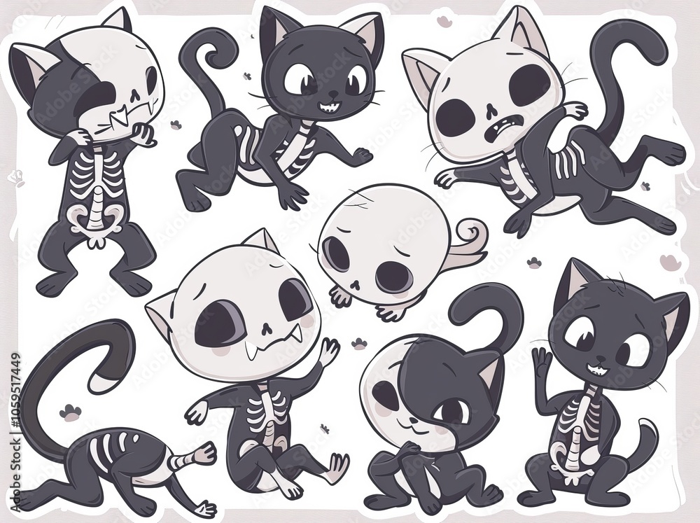 Obraz premium An illustration of skeleton cats on a white background. Funny pets. Collection of black cats with bones costumes. Skeleton cats.