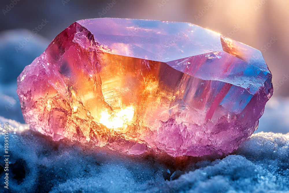 Obraz premium A stunning gemstone glows with vibrant pink and orange hues, reflecting light against a soft, snowy background, showcasing its natural beauty.