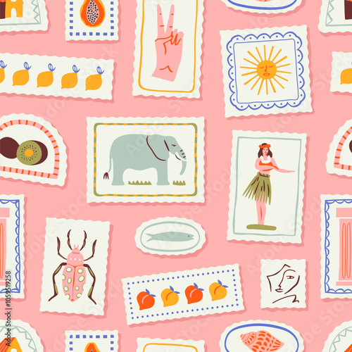 Vintage summer post card stamp seamless pattern. Retro style tropical vacation postage sticker background illustration. Summertime season mail postmark texture print, postal label wallpaper.