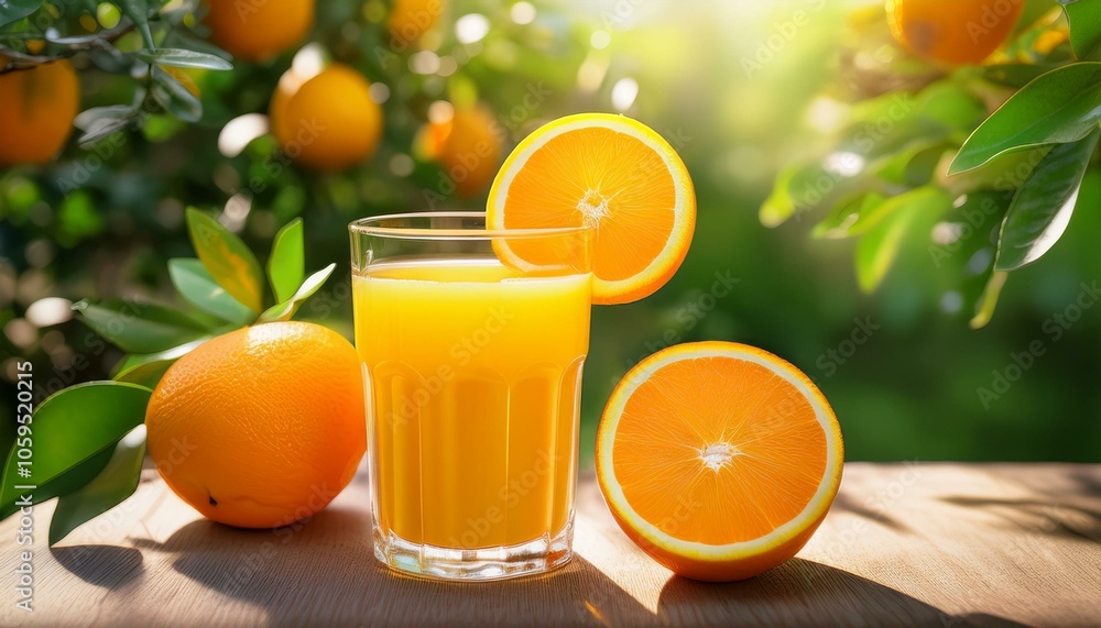 Naklejka premium A glass of fresh orange on the table in the garden