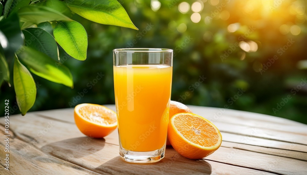 Naklejka premium A glass of fresh orange on the table in the garden