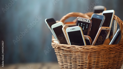 un grupo de celulares puestos en una canasta para poder convivir sin el uso de los celulares aparatos o dispositivos electronicos 