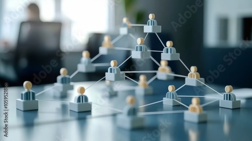 Corporate network concept displayed with 3D figures arranged in a hierarchical model on a modern office desk, showcasing team structure, collaboration, and the dynamics of business organization photo