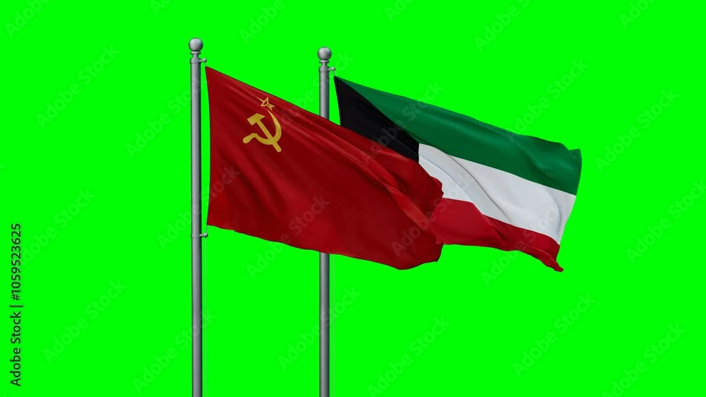 Kuwait and Soviet Union flags flying together, video concept of the relationship with colored chroma key for easy background remove, two country cooperation concept Kuwait and Soviet Union flags flying together, video concept of the relationship with colored chroma key for easy background remove, two country cooperation concept
