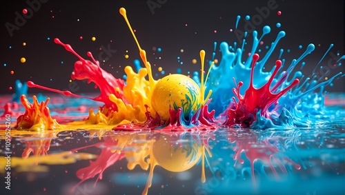 Vibrant ping pong ball creates colorful paint splashes in motion photo