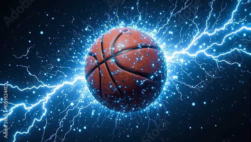 High voltage basketball crackling with blue and white electricity and lightning bolts