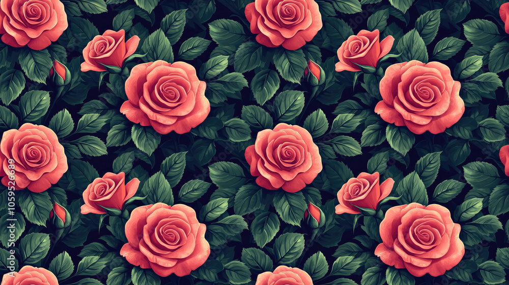 Fototapeta premium Seamless pattern featuring vintage roses surrounded by delicate leaves ideal for floral wallpaper and fabric design