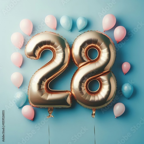 balloon in a shape of number 28 on blue background for birthday celebration photo