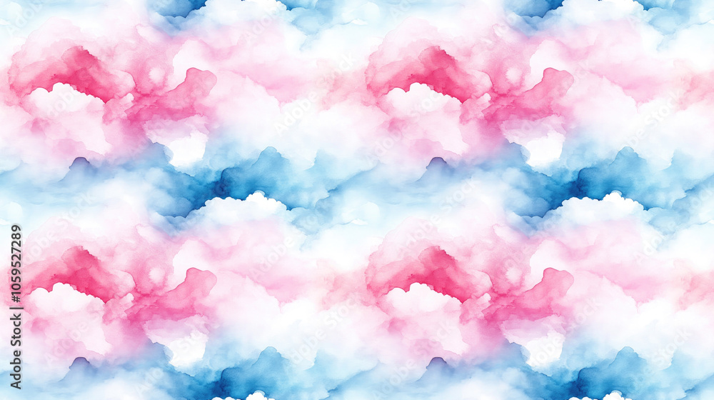 Fototapeta premium Tender pastel clouds watercolor pattern in soft hues of pink and blue hand drawn alcohol ink style perfect for textile and paper print applications