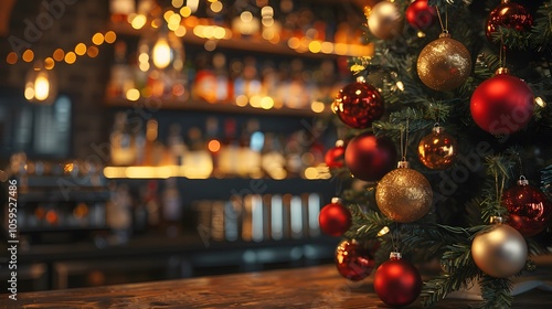 A beautifully decorated Christmas tree adorned with red and golden balls, set on a table in a bar interior, copy space.