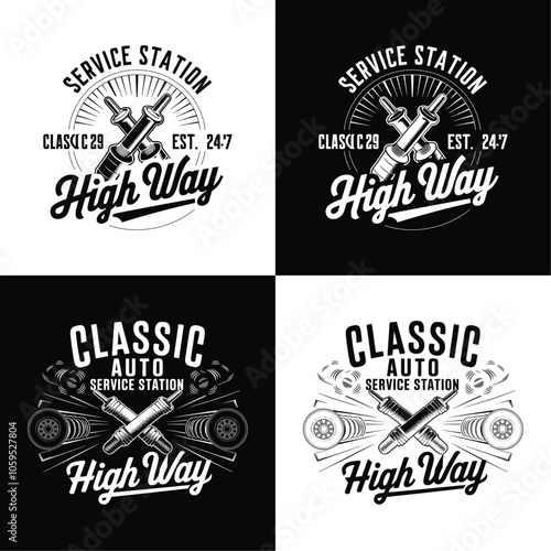 Classic Auto Service Station T-Shirt Design – Vintage Graphic Featuring Wrenches and Tires, Ideal for Automotive Enthusiasts, Ready to Print for High-Quality Apparel with Retro Vibes