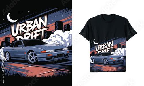 Urban Drift T-Shirt Design – Vibrant Graphic of a Stylish Drift Car Against a City Skyline, Perfect for Car Enthusiasts and Street Racing Fans, Ready to Print for Trendy Apparel