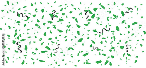 Green colored confetti with black colored ribbons. party elements. Festive overlay, Party streamers. 