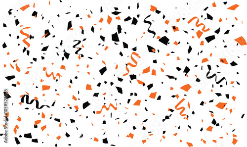 Black and orange confetti, ribbons. Concept for party and celebration. Festive overlay, Party streamers. Colorful explosion confetti. 