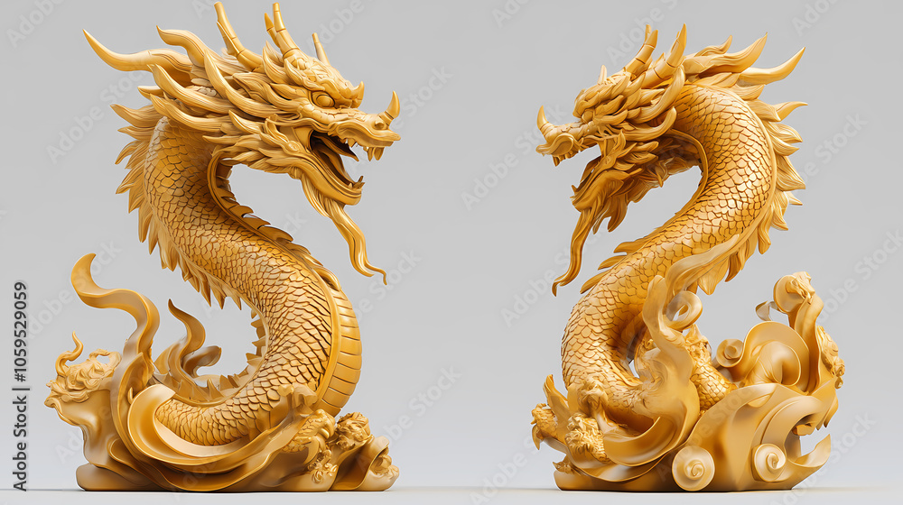 Fototapeta premium Golden chinese dragon sculpture on a white background. Horned Guardian Beast. Illustration