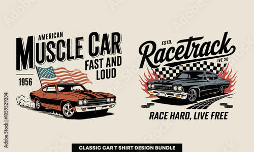 Classic Car T-Shirt Design Bundle – Eye-Catching Graphics Featuring American Muscle Cars and Racetrack Themes with Motivational Quotes, Perfect for Car Enthusiasts and Racing Fans, Ready to Print