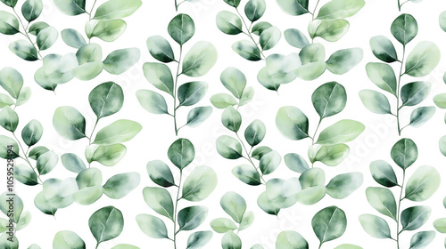 Eucalyptus leaf seamless pattern in watercolor featuring hand painted botanical illustrations on a clean white backdrop