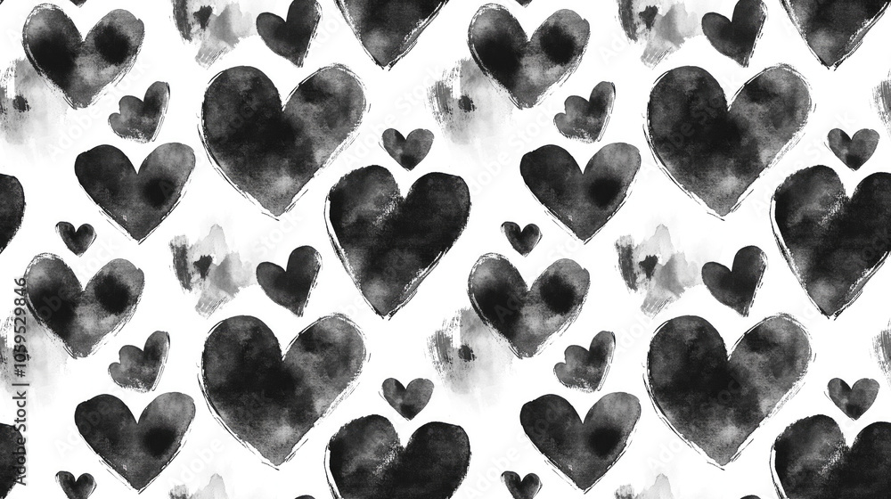 Fototapeta premium Seamless pattern of black heart shapes created with watercolor brush strokes ink sketch hand drawn design perfect for fabric and wallpaper prints