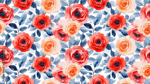 Fototapeta Naklejka Na Ścianę i Meble -  Seamless watercolor floral pattern featuring vibrant roses and delicate peonies ideal for fabric design and home decor