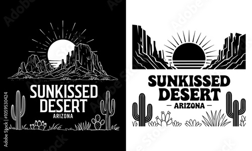 Sunkissed Desert Arizona T-Shirt Design – Vibrant Graphic Featuring Majestic Cacti and a Bold Sun Setting over Dramatic Mountains, Perfect for Nature Lovers and Adventure Seekers, Ready to Print